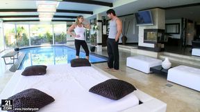 Beauty babe with amazing boobs rides big dick near swimming pool!
