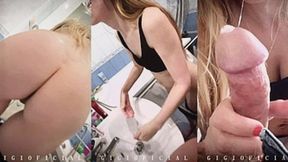 Teen stepdaughter pleases me while I fuck her stepmom in the bathroom