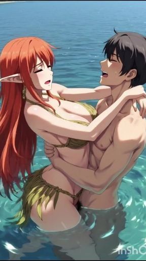 Redhead anime hentai girl fucks in the water   Clip 2