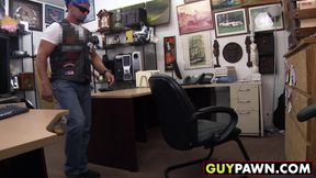 Hunky biker sells ass to hung perv for money in office