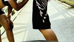 Latina with curly hair gives BBC a public blow job and swallows cum