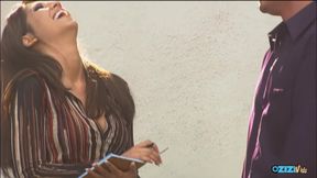 This brunette secretary looks wonderful while having very arousing sex in a beautiful garden