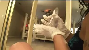 Bathroom cleaner gets rewarded with a hard hammer in the bathroom