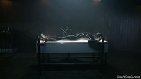 ”Bound black in latex muff vibed”