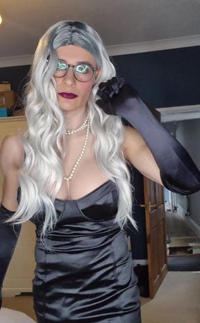 Feeling sexy slipping into my long black satin opera's