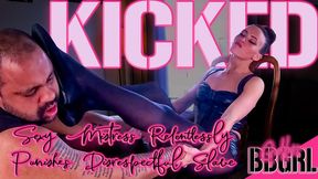 Kicking Brat's Head In - GoddessBBGRL punishes her bratty slave with hard kicks to his jaw with her toned, pantyhose clad legs.