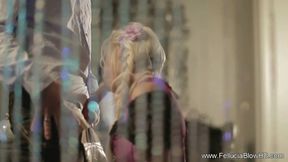 Blonde babe with pigtails gives a fascinating blowjob