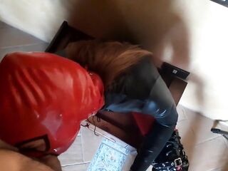 Laura On Heels wears leather body, boots over the knees and pantyhose. Rough oral-job-sex deepthroat POV.