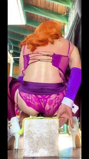 TS Shemale Beautiful Ass in Lingerie Stockings Insert Fat Dildo