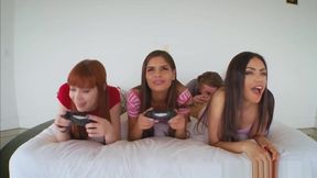 Three Gamer Girls Sharing On One Cock In The Bedroom