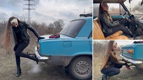 Nastya covers the exhaust pipe, trying to stall the engine