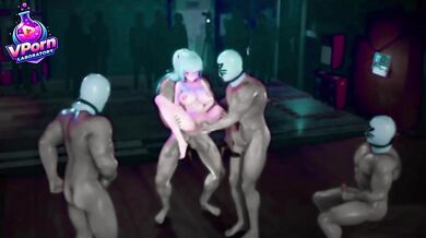 Orgy in a nightclub: several men have sex with a girl