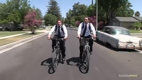 These two guys were riding their bikes and later they fucked a big titted bimbo.