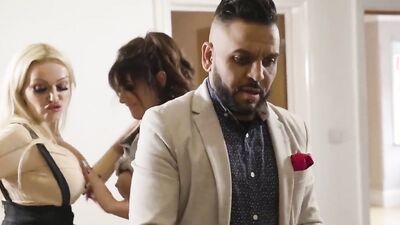 Busty blonde MILF in sexy lingerie spitroasted in an interracial threesome