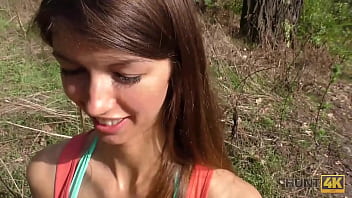 Tall blonde teen gives blowjob then gets doggystyle fucked in the woods