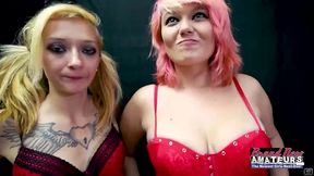 hot blonde jackie and exotic pink haired trinity share a cock to suck!