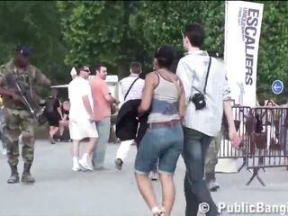 A cute gal is banged by two boys with large weenies in public by Paris Eiffel Tower