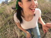 Brunette Teen Sucks Cock Behind the Garages - Risky Public Blowjob