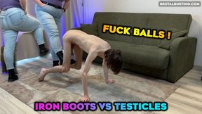 Iron shoes met his big useless testicles! Smashing his stupid ugly genitals - Dave Moon - Mia - BrutalBusting (ballbusting)