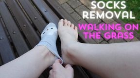 Socks removal and walk barefoot on the grass