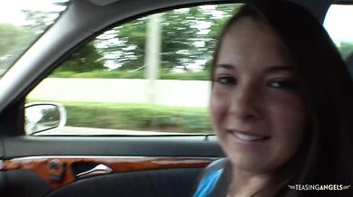 The cute brunette enjoys cock teasing while riding strangers with her natural tits brimming over high heels
