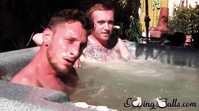 ”Tattooed redhead homo leaves jacuzzi to jack off cock with lover”