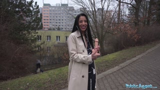 Public Agent She tries to get a dildo down her throat and then fucks a huge cock