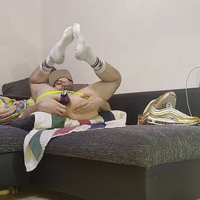 (GER) Sporty AssBitch in smelly AirMax97, Socks and Jockstrap stretched &amp; trained very deep and hard gaping moaning own AssPussy