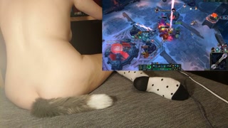 Cute girl with tail and socks riding a vibrator while playing games