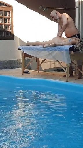 Massage in the pool. The therapist couldn't hold back and made her cum in his mouth.   Clip 1