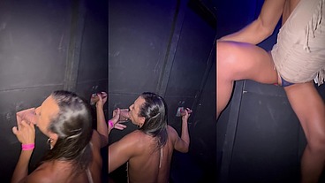 Casa de swing: dei no glory hole, e na hora do apagão fizeram até fila de comedores. Foram várias gozadas na boquinha e ainda fuderam meu cuzinho. Um banho de leite!