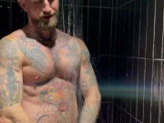 tatted muscle man Troy Daniels jacking off in the shower
