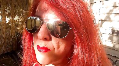 Red lipsticked milf watches men jerk off in the smoke