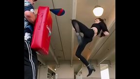 Patada chica entrenando, leggings mallas entrenamiento chica