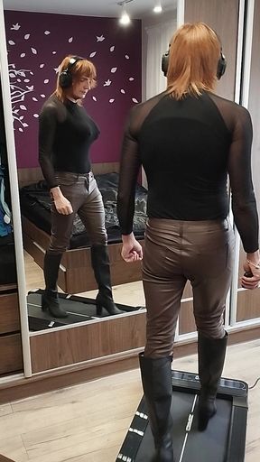 Learning to walk in heels in leather pants