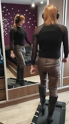 Learning to walk in heels in leather pants