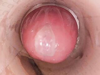 The camera in the unfathomable cunt records a giant jizz flow of semen into the cock-sock