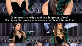 Glamorous smoking goddess in green velvet! 120s cigarette, gloves, accessories and beautiful makeup