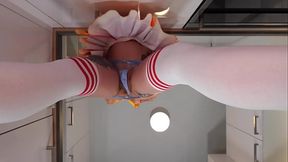 Hottest redhead big tits cheerleader in mini skirt and over knee socks flashes her tight shaved meaty pussy and naked ass