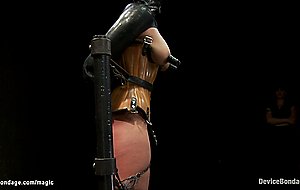 Trapped head in latex ball slut whipped
