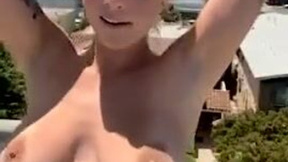 Big Tit Teen Almost Caught in Risky Rooftop Public Masturbation