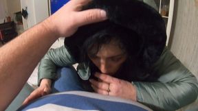 cheating wife blow her husband friend while waring a hot jumpsuit and a fur hooded downjacket 232