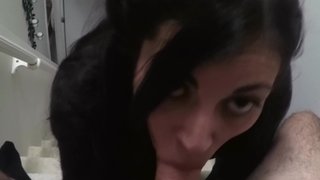 Good-looking brunette dame actively sucks dick and balls