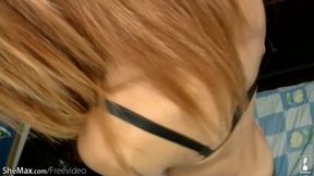 ”Redhead ladyboy undresses & wanks off her shecock”