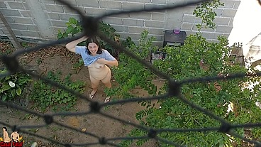 Bottomless wife goes outside and walk near workers