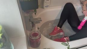 Vibrator fun in the bath with pink Nike cool sneakers