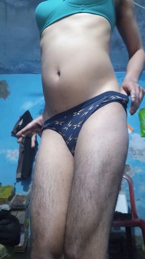 Horny Indian Femboy Wearing His Step Sister's Bra and Panties