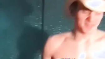 Blond twink cowboy bounces on trampoline and fucks sex doll