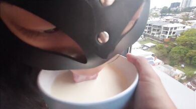 Asian kitty slave drinks milk gets pounded in all holes