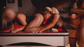 Two hot girls share one dick on a pool table